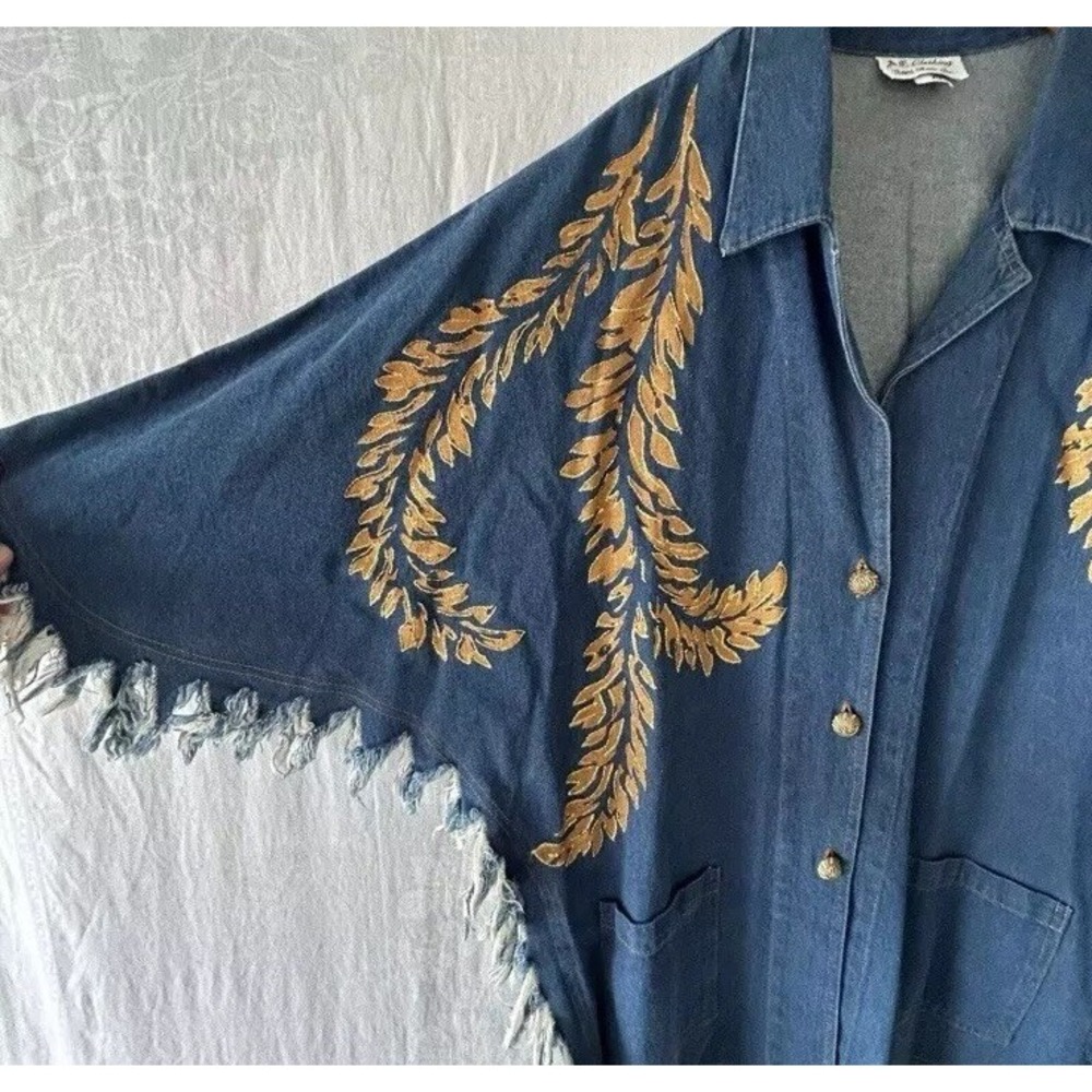 Vtg Denim Poncho Shirt XL Fringe Paint Western Boho‎ Chic Dolly Art Nashville - Picture 11 of 16